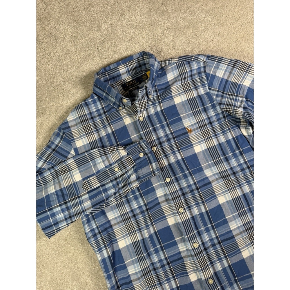 Polo Ralph Lauren Shirt Mens Medium Blue Plaid Oxford Flesh Pony Button Up